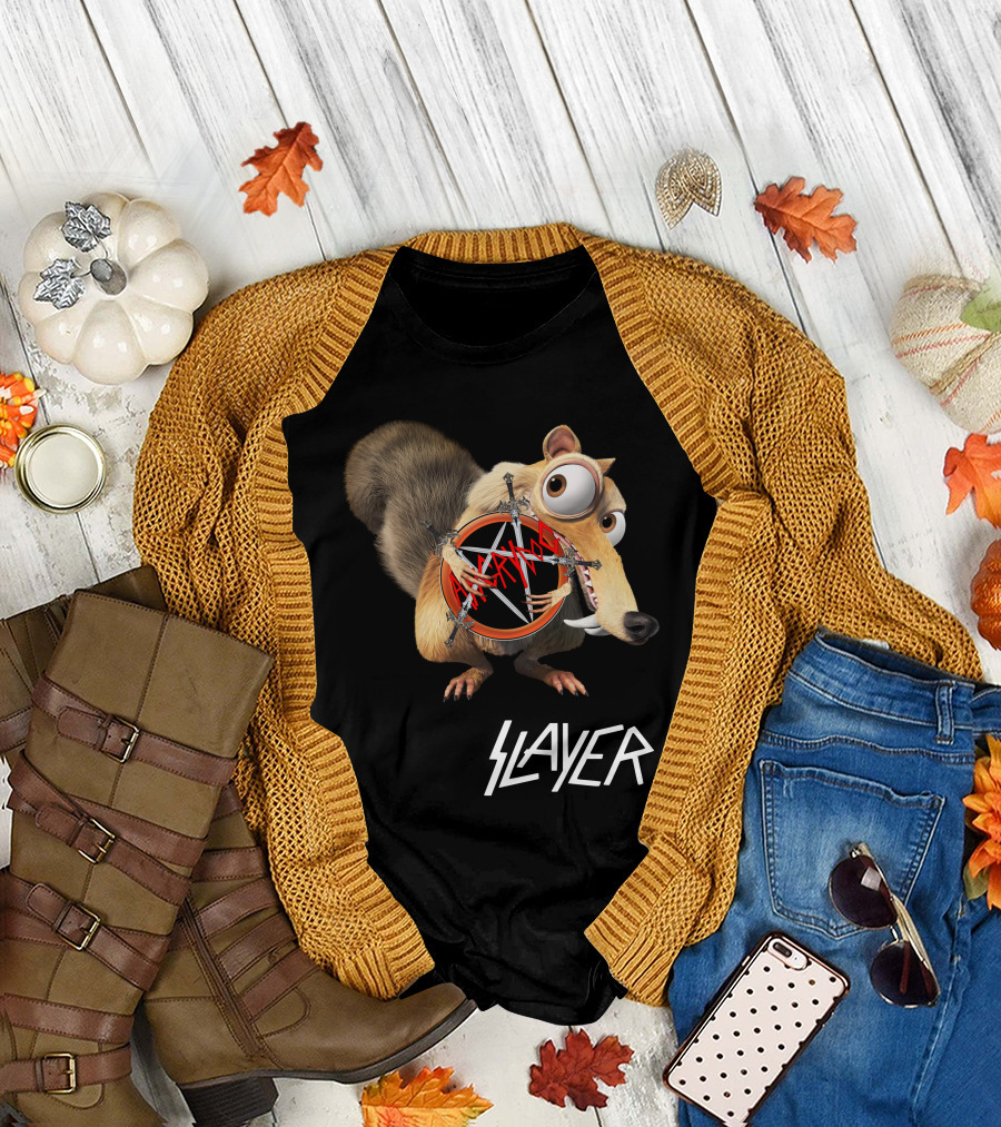 Scrat Holding Slayer Logo Pentagram Slayer T-Shirt