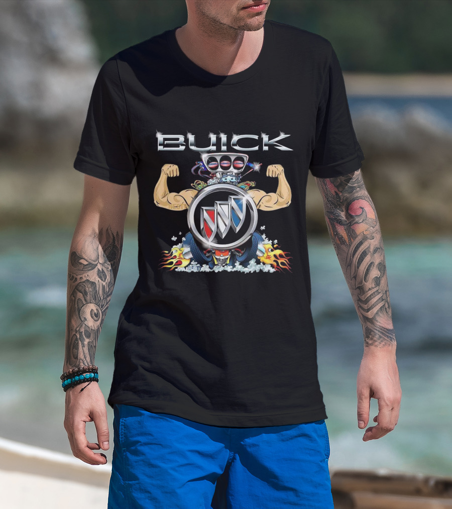 Buick Muscle Car Engine Logo With Flames And Wheels T-Shirt