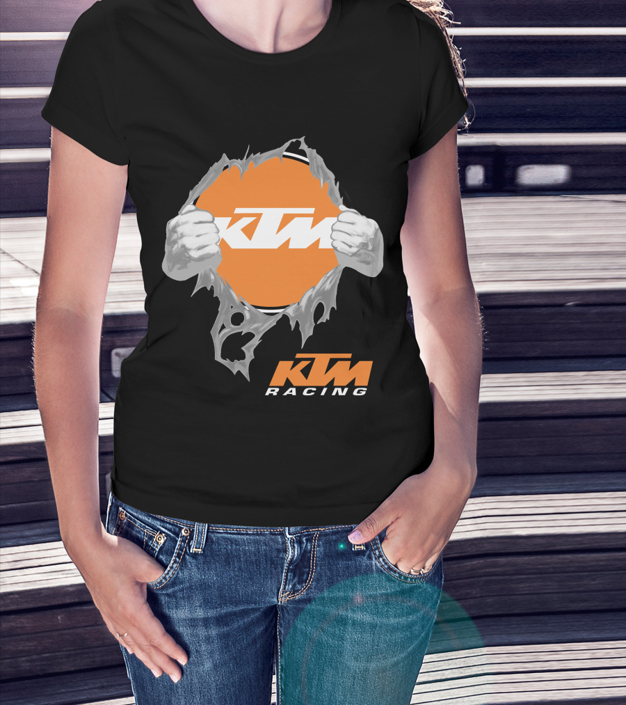 Ktm Racing Logo With Hands Ripping Through Orange T-Shirt