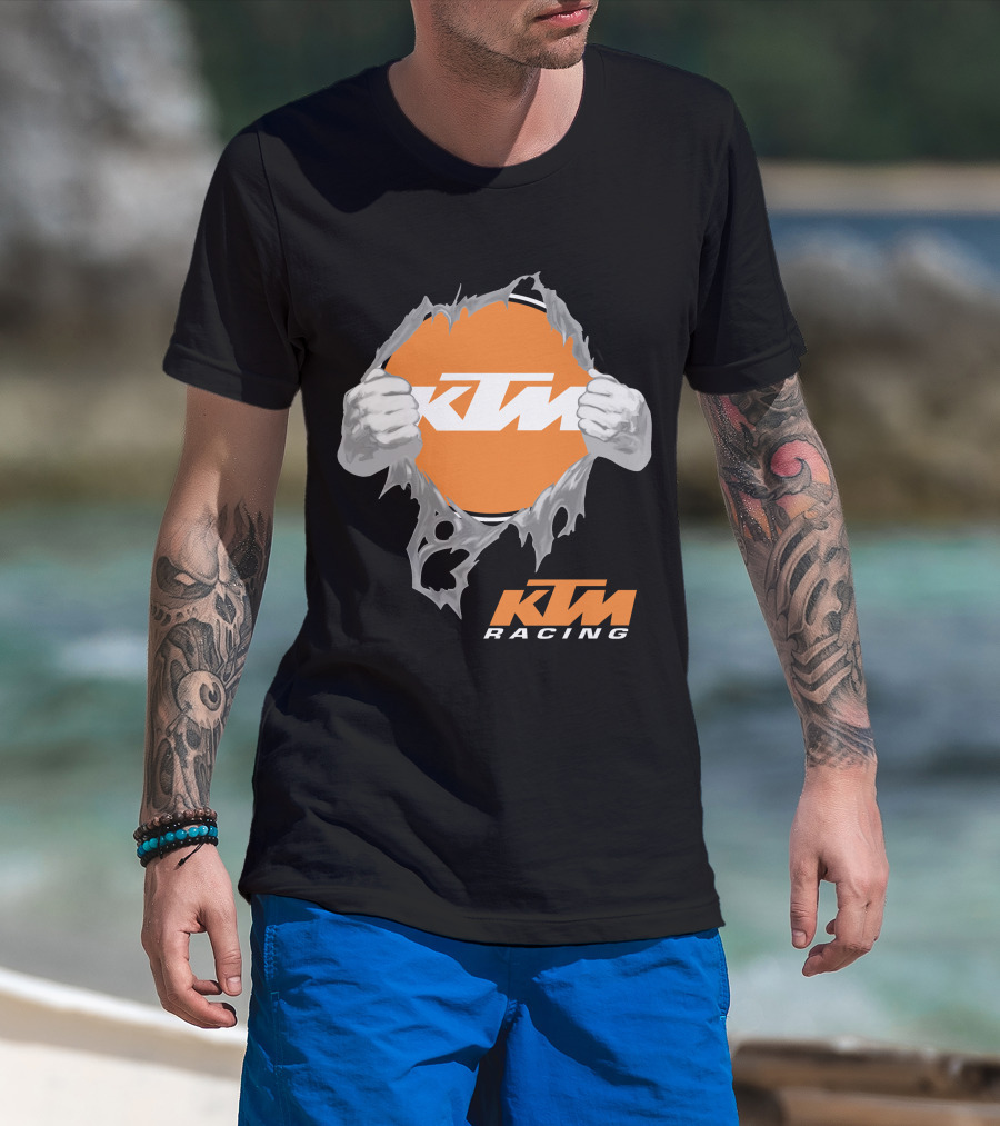 Ktm Racing Logo With Hands Ripping Through Orange T-Shirt