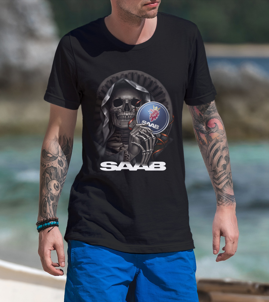 Saab Skull Holding Emblem With Hooded Figure And Crowned Griffin T-Shirt