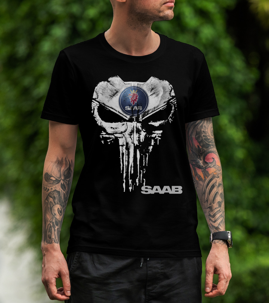 Saab Logo With Punisher Skull Motif T-Shirt
