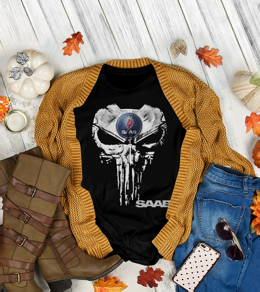 Saab Logo With Punisher Skull Motif T-Shirt