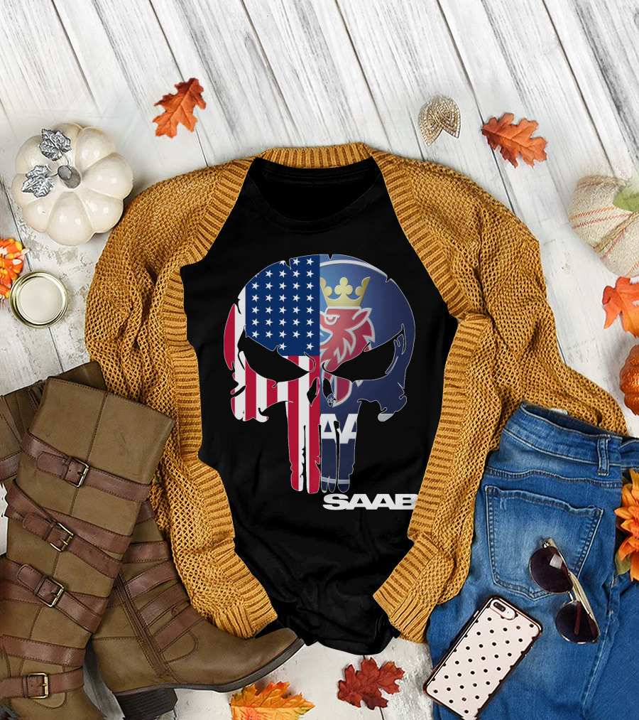 Saab American Flag Punisher Skull T-Shirt