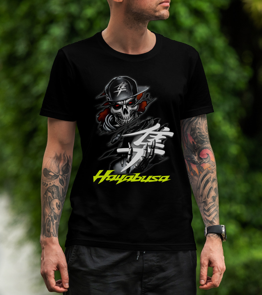 Hayabusa Skeleton In Cap With Kanji Symbol And Claws T-Shirt