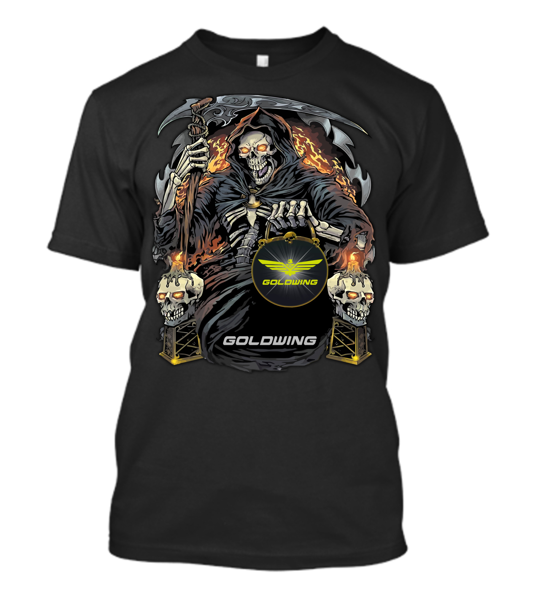 Goldwing Grim Reaper Holding Lantern With Flaming Skulls T-Shirt