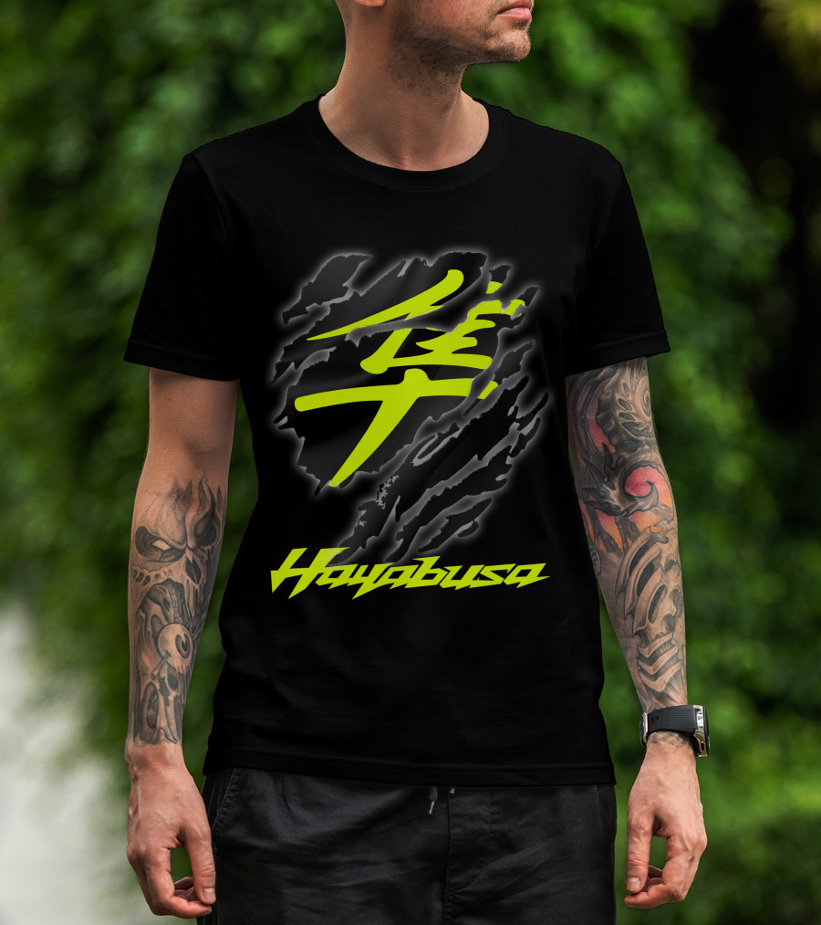 Hayabusa 07 Yellow Kanji Torn Black T-Shirt