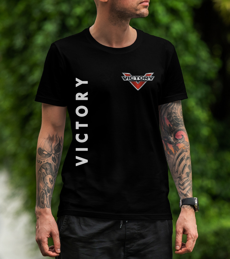 Victory Motorcycles Logo And Vertical Text Layout T-Shirt