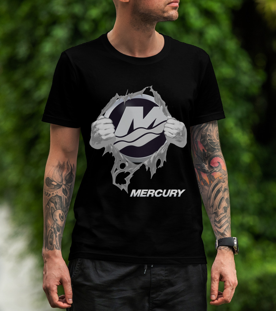 Mercury Boats Logo With Hands Ripping Through Black T-Shirt