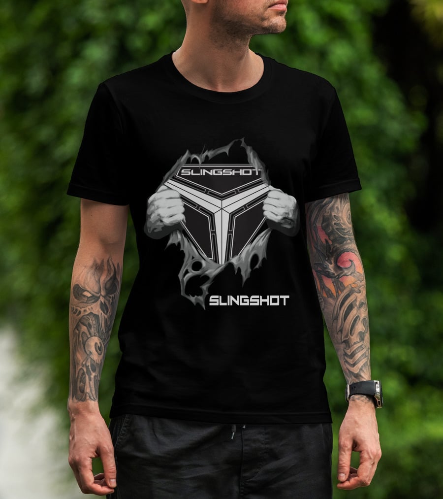Slingshot Emblem With Hands Pulling Away Black T-Shirt