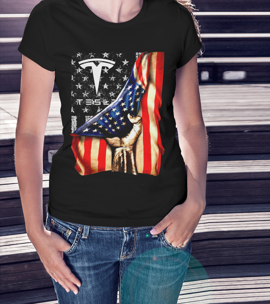 Tesla Logo American Flag Hand Folded Stars Stripes Vintage Style T-Shirt