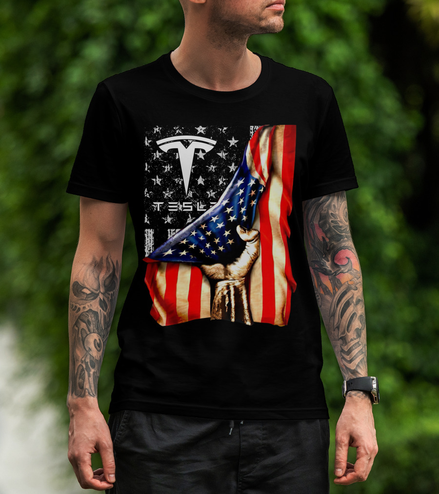 Tesla Logo American Flag Hand Folded Stars Stripes Vintage Style T-Shirt