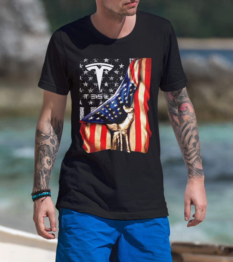 Tesla Logo American Flag Hand Folded Stars Stripes Vintage Style T-Shirt