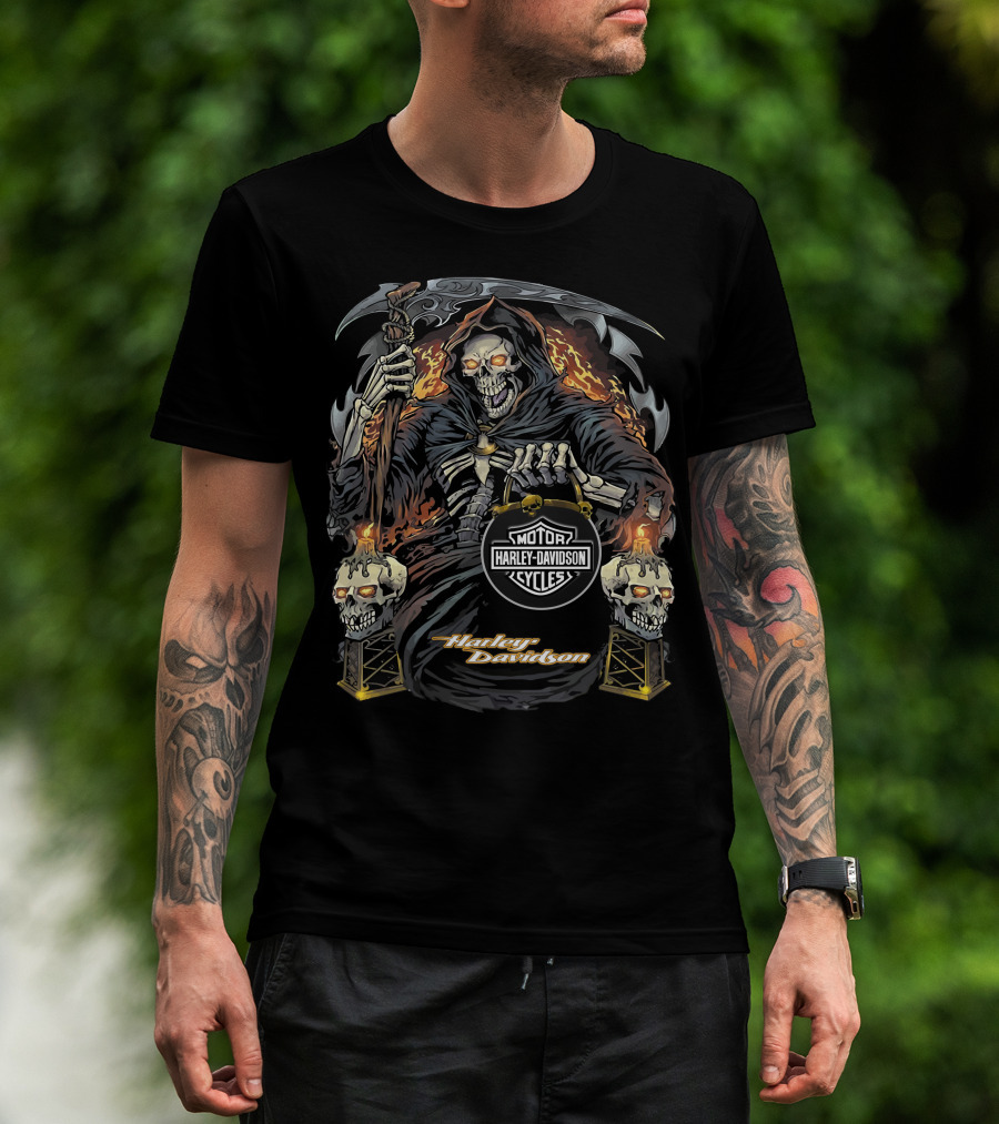 Harley Davidson Grim Reaper With Flaming Skull Torches T-Shirt