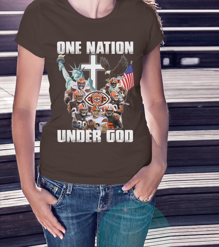 Cleveland Browns One Nation Under God Players Statue Of Liberty Eagle Flag Cross T-Shirt