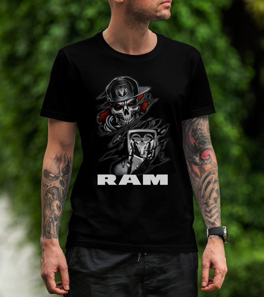 Ram Skull Skeleton With Baseball Cap And Glowing Red Eyes T-Shirt