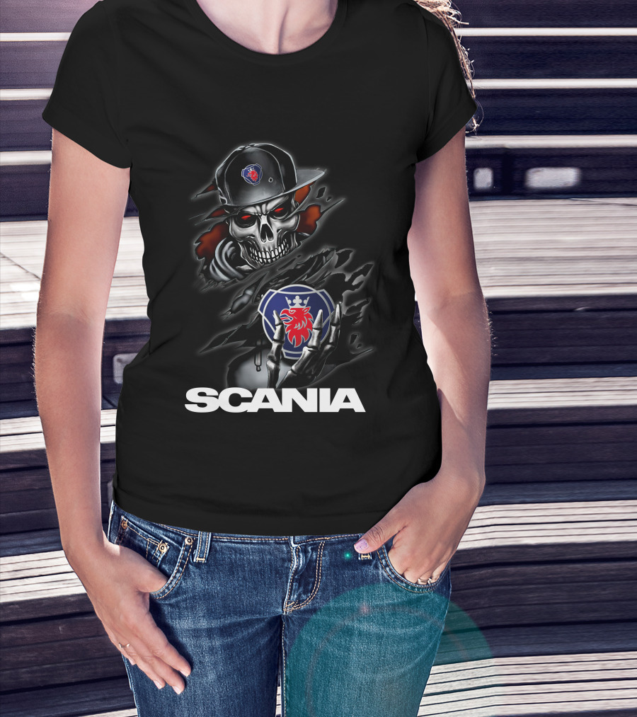 Scania Skull Emblem With Cap And Red-Eyed Skeleton T-Shirt