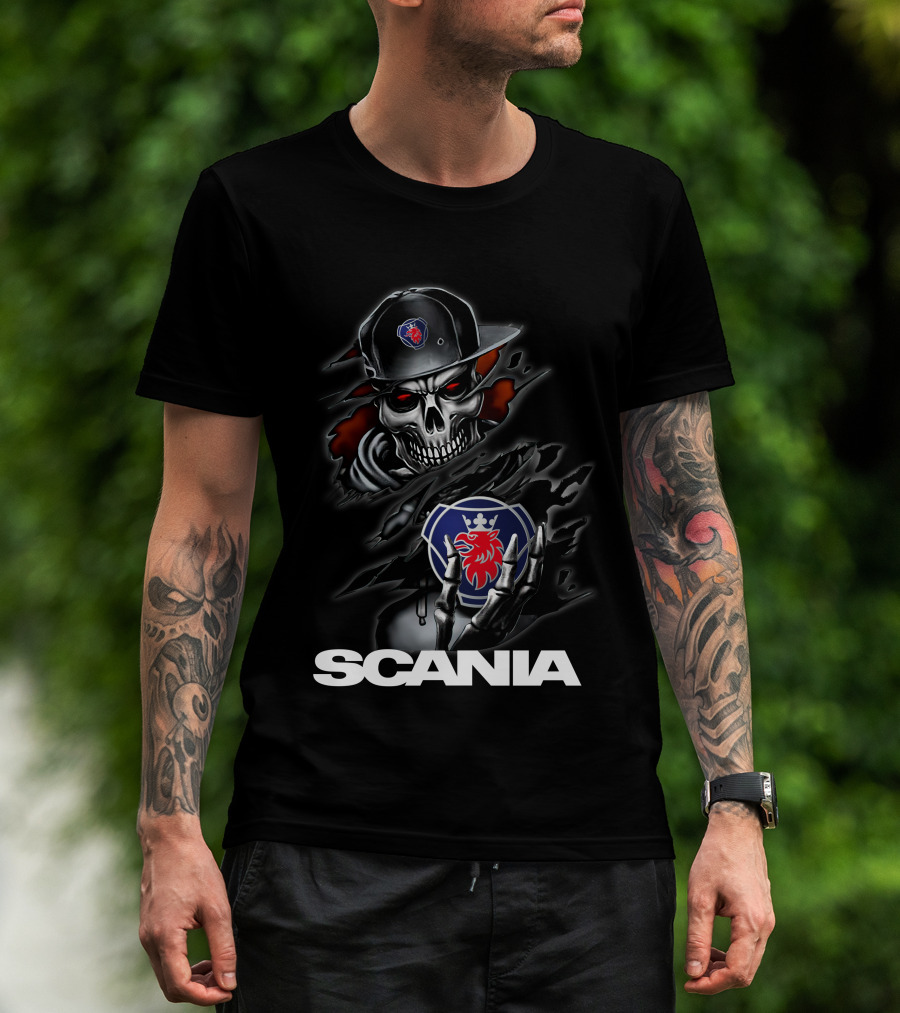 Scania Skull Emblem With Cap And Red-Eyed Skeleton T-Shirt