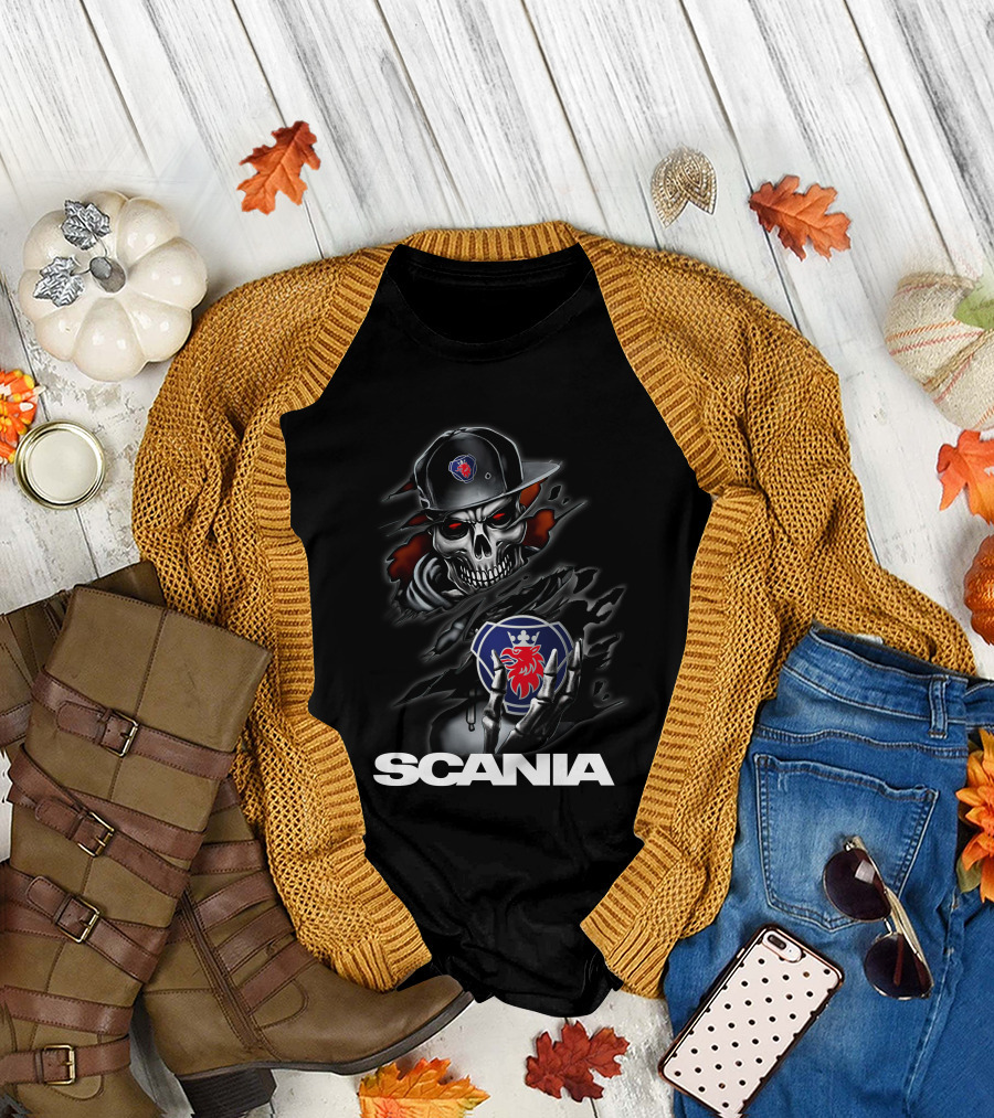 Scania Skull Emblem With Cap And Red-Eyed Skeleton T-Shirt