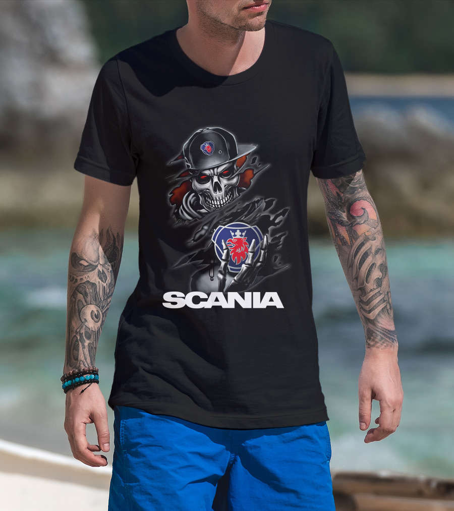 Scania Skull Emblem With Cap And Red-Eyed Skeleton T-Shirt