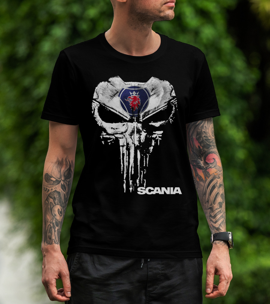 Scania Punisher Logo With Grunge Skull And Red Griffin T-Shirt