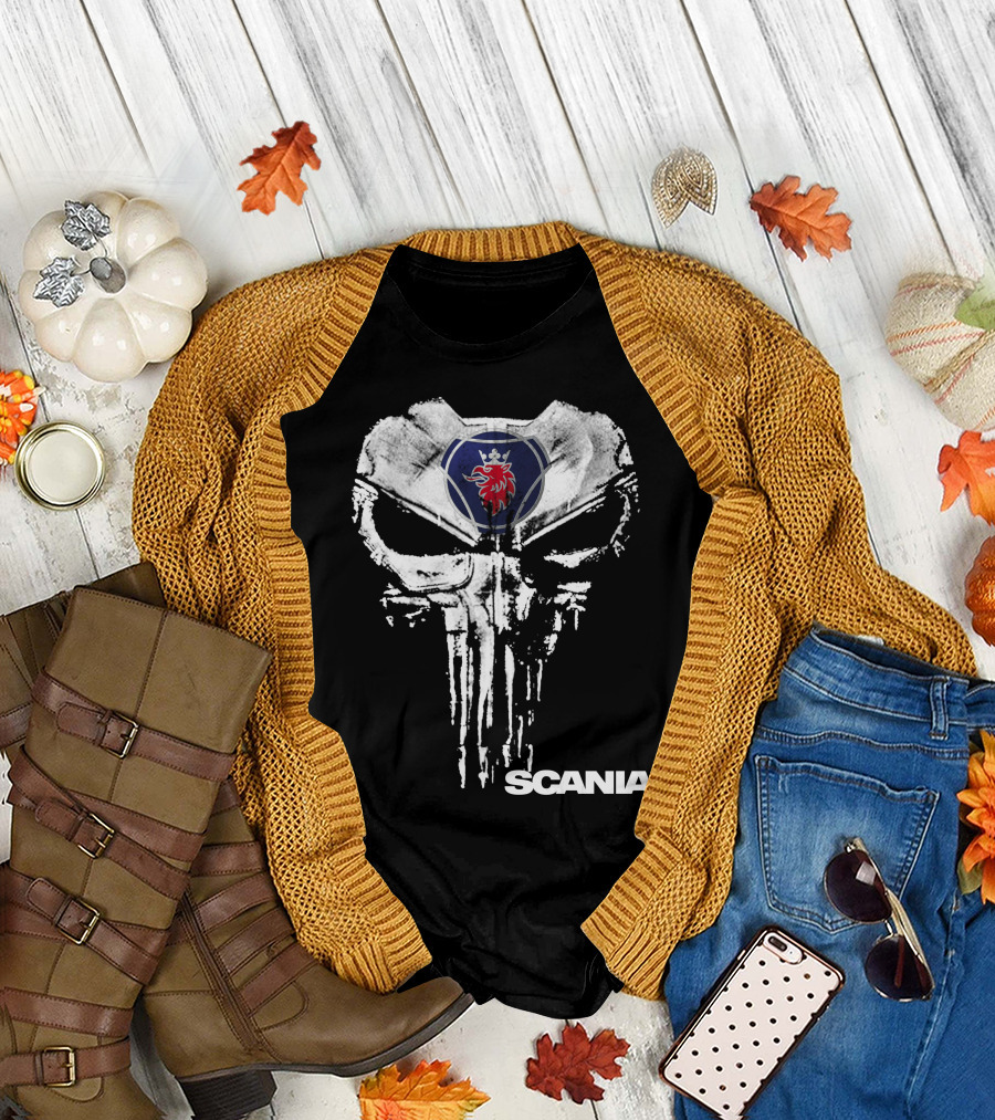 Scania Punisher Logo With Grunge Skull And Red Griffin T-Shirt