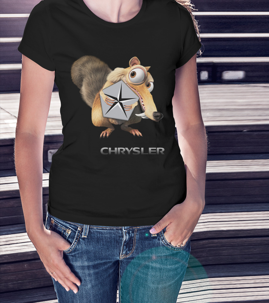Chrysler Logo With Iconic Ice Age Character Holding T-Shirt