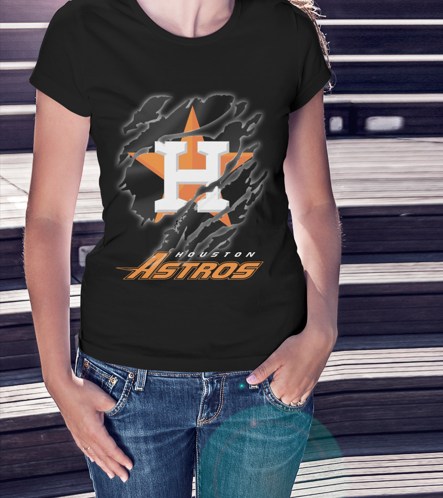 Houston Astros Logo With Orange Star And Dynamic Ripped Effect T-Shirt