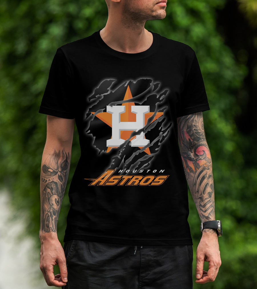 Houston Astros Logo With Orange Star And Dynamic Ripped Effect T-Shirt