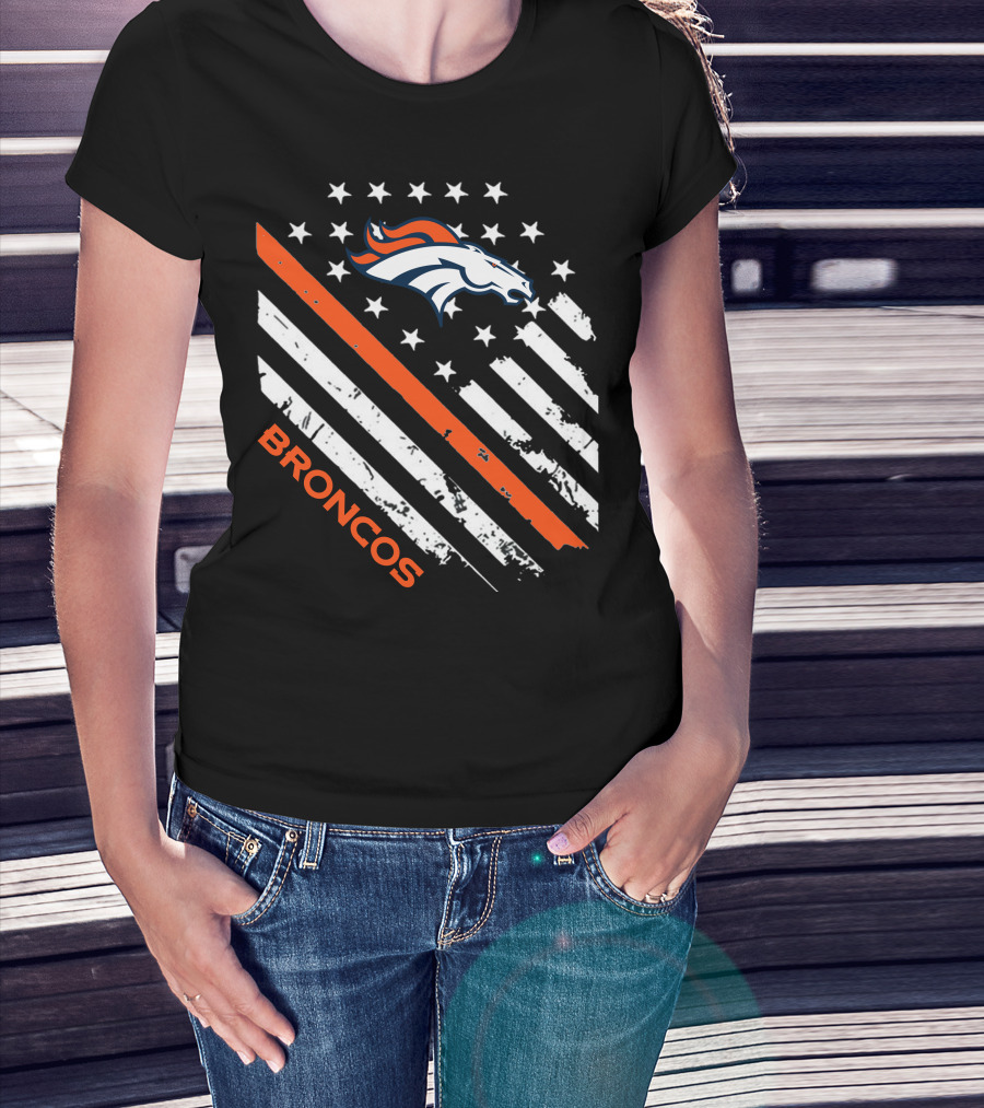 Broncos Logo With Stars And Stripes In Orange And White T-Shirt