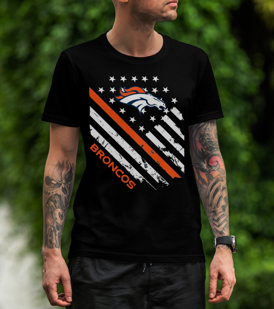 Broncos Logo With Stars And Stripes In Orange And White T-Shirt