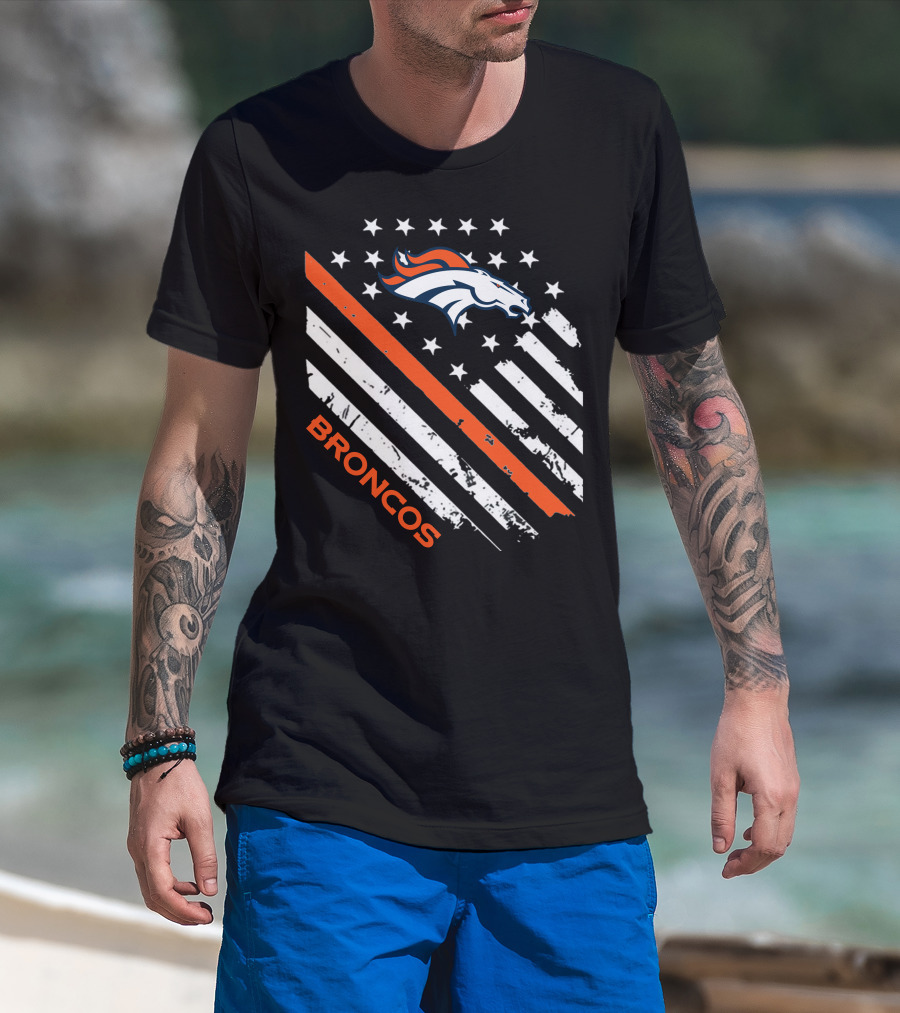 Broncos Logo With Stars And Stripes In Orange And White T-Shirt