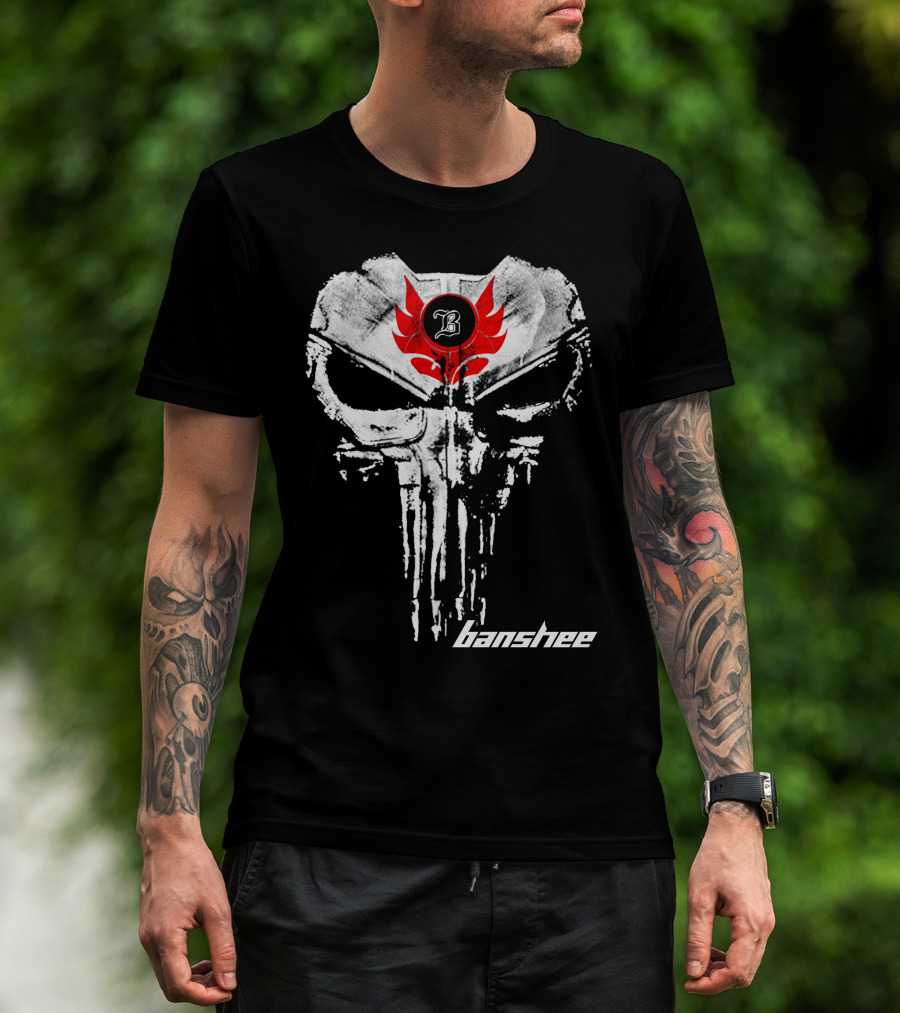 Banshee Skull Symbol With Red Flame Emblem And Letter B T-Shirt