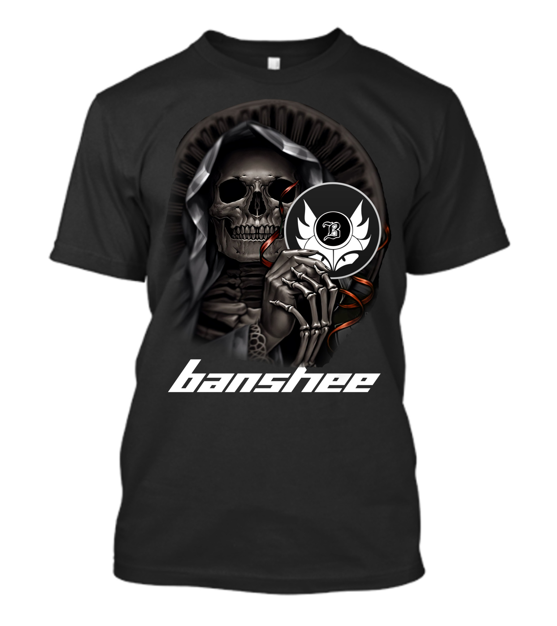 Banshee Skeleton Holding Emblem With Hooded Cloak And Stylized T-Shirt