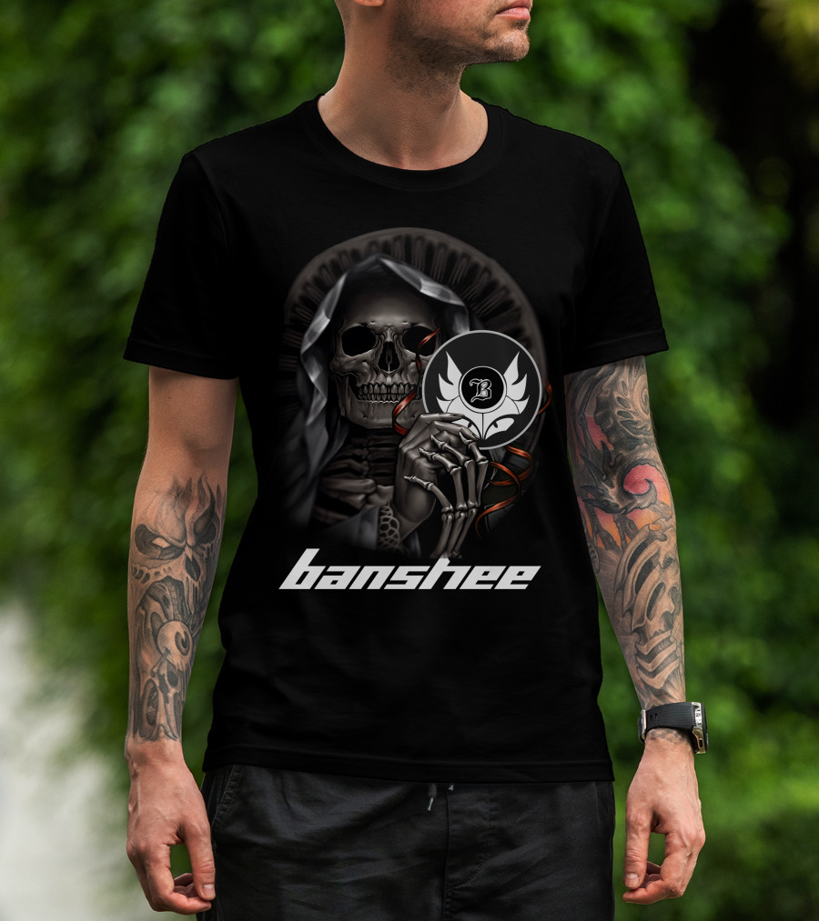 Banshee Skeleton Holding Emblem With Hooded Cloak And Stylized T-Shirt