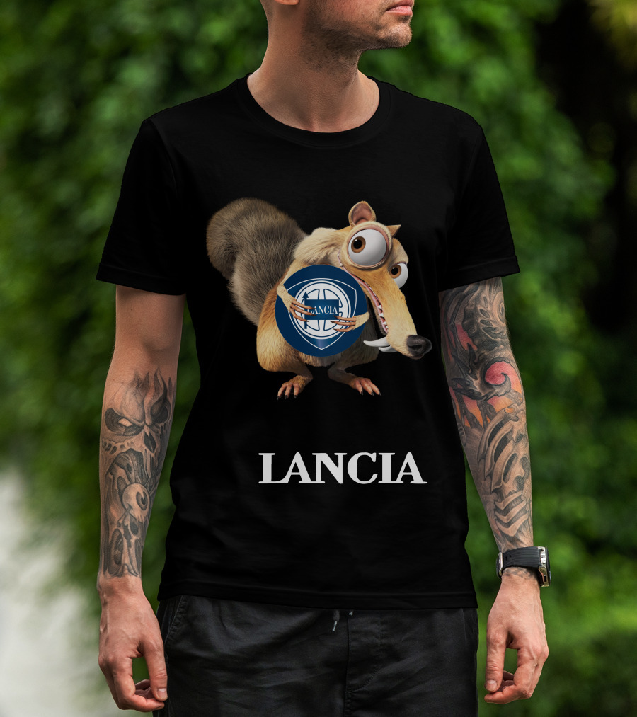 Lancia Logo With Scrat Character Holding T-Shirt