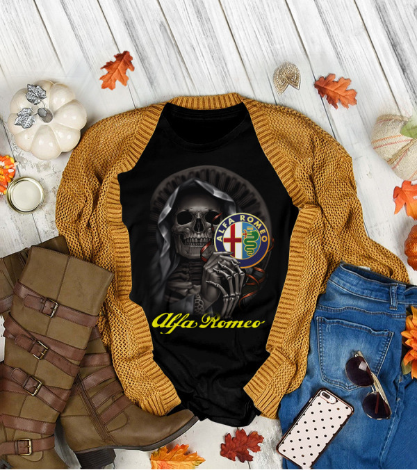 Alfa Romeo Skull Emblem With Hooded Skeleton T-Shirt