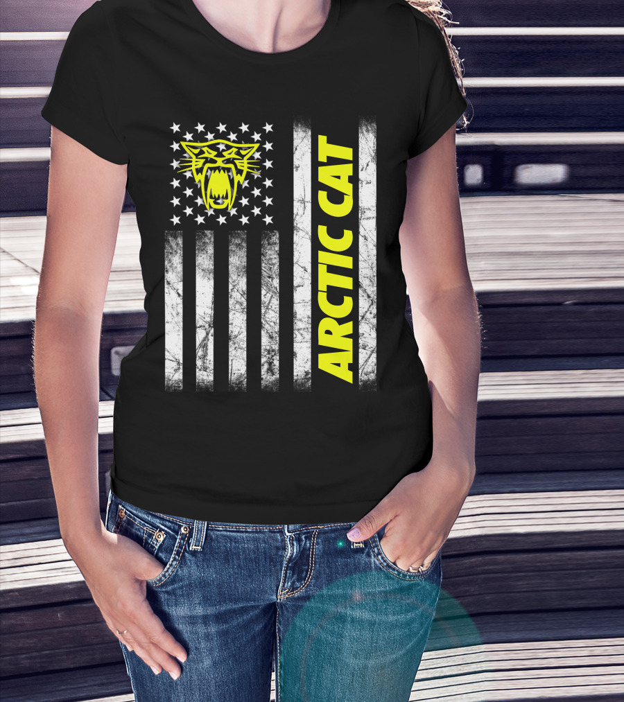 Arctic Cat Yellow Logo With American Flag Stripes And Stars T-Shirt
