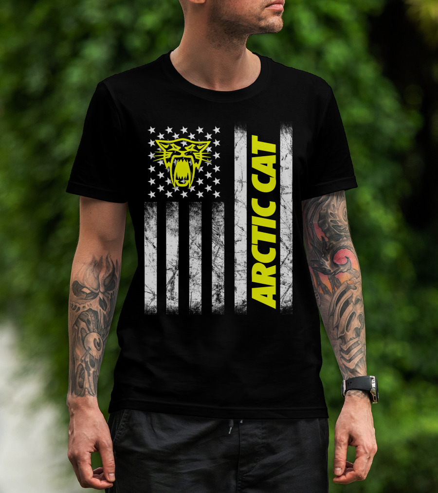Arctic Cat Yellow Logo With American Flag Stripes And Stars T-Shirt