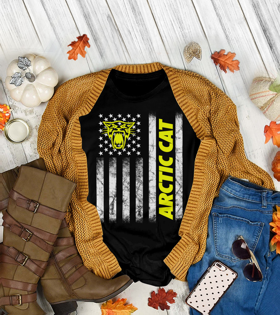 Arctic Cat Yellow Logo With American Flag Stripes And Stars T-Shirt