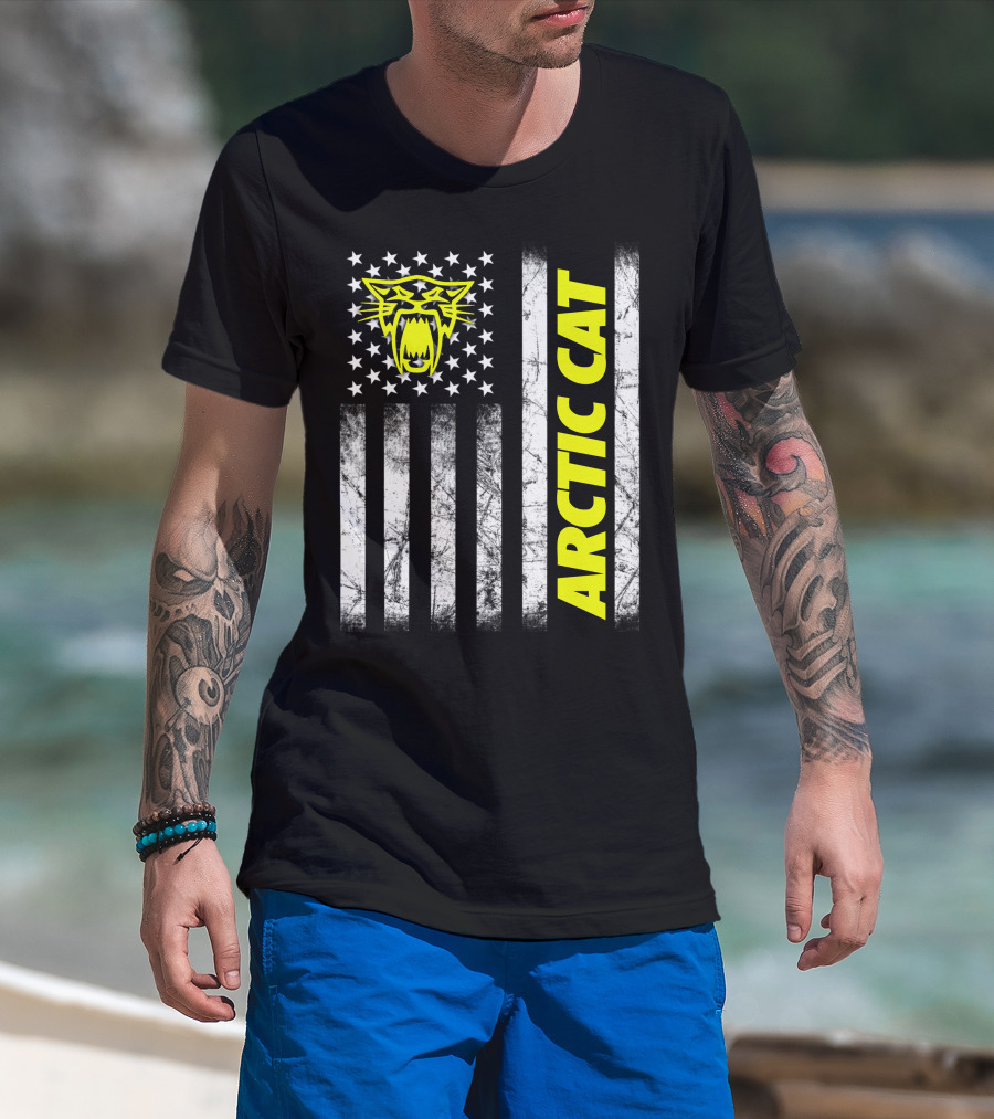 Arctic Cat Yellow Logo With American Flag Stripes And Stars T-Shirt