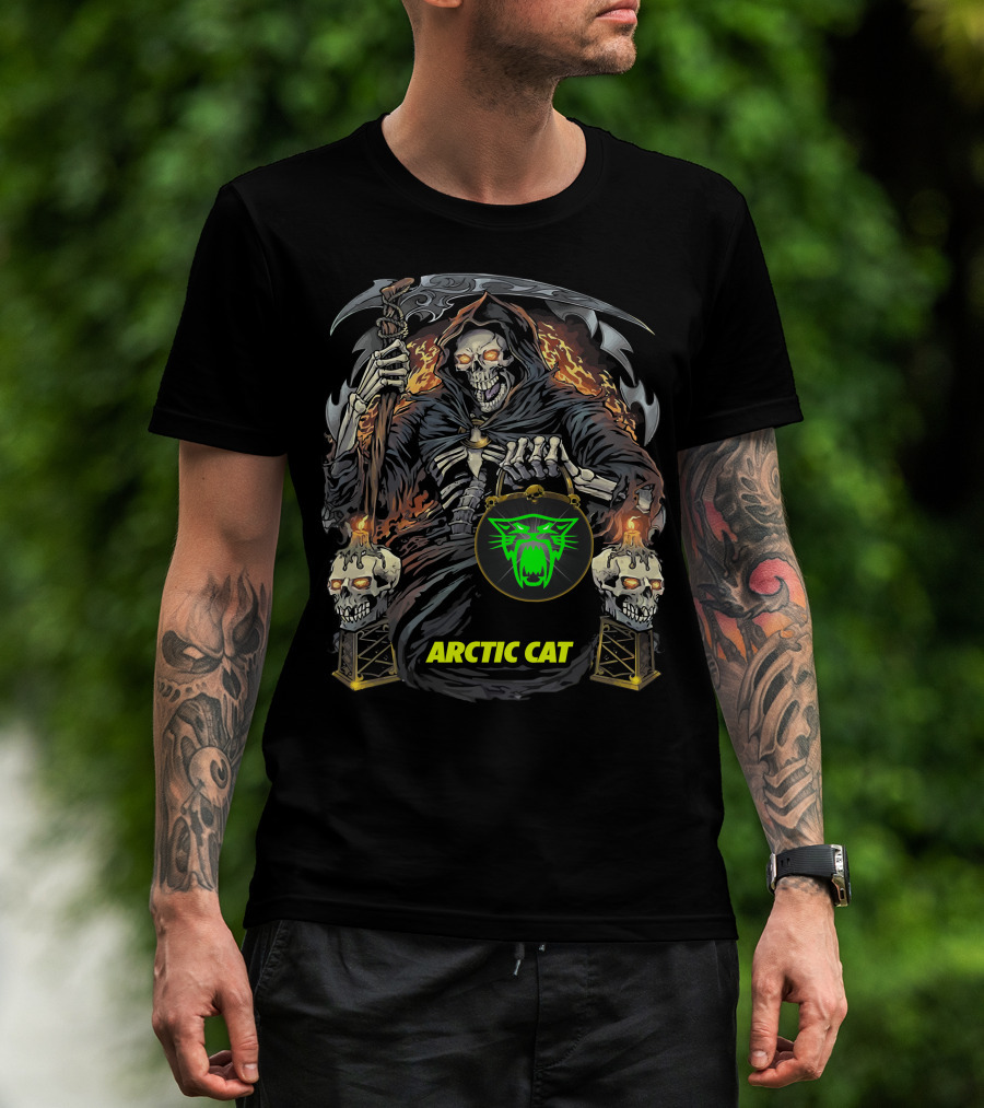 Arctic Cat Grim Reaper Skeleton Holding Scythe And Neon Green Cat T-Shirt