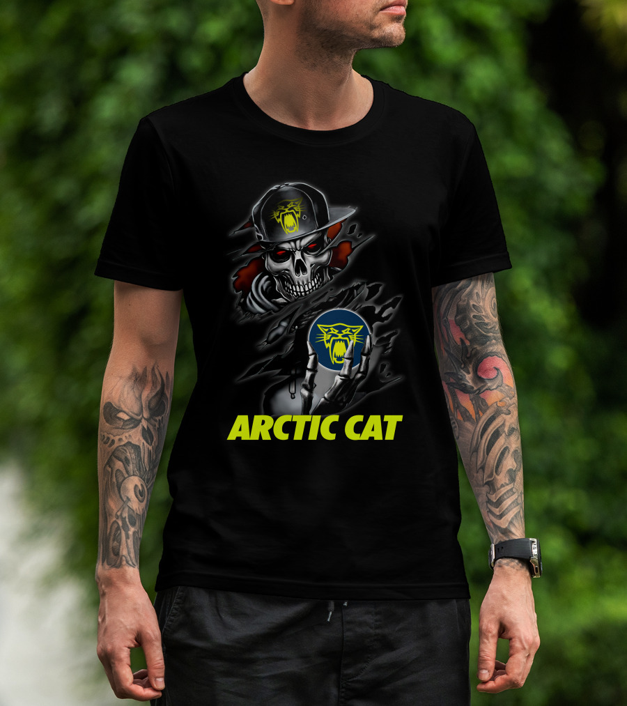 Arctic Cat Skull Skeleton With Hat Holding T-Shirt