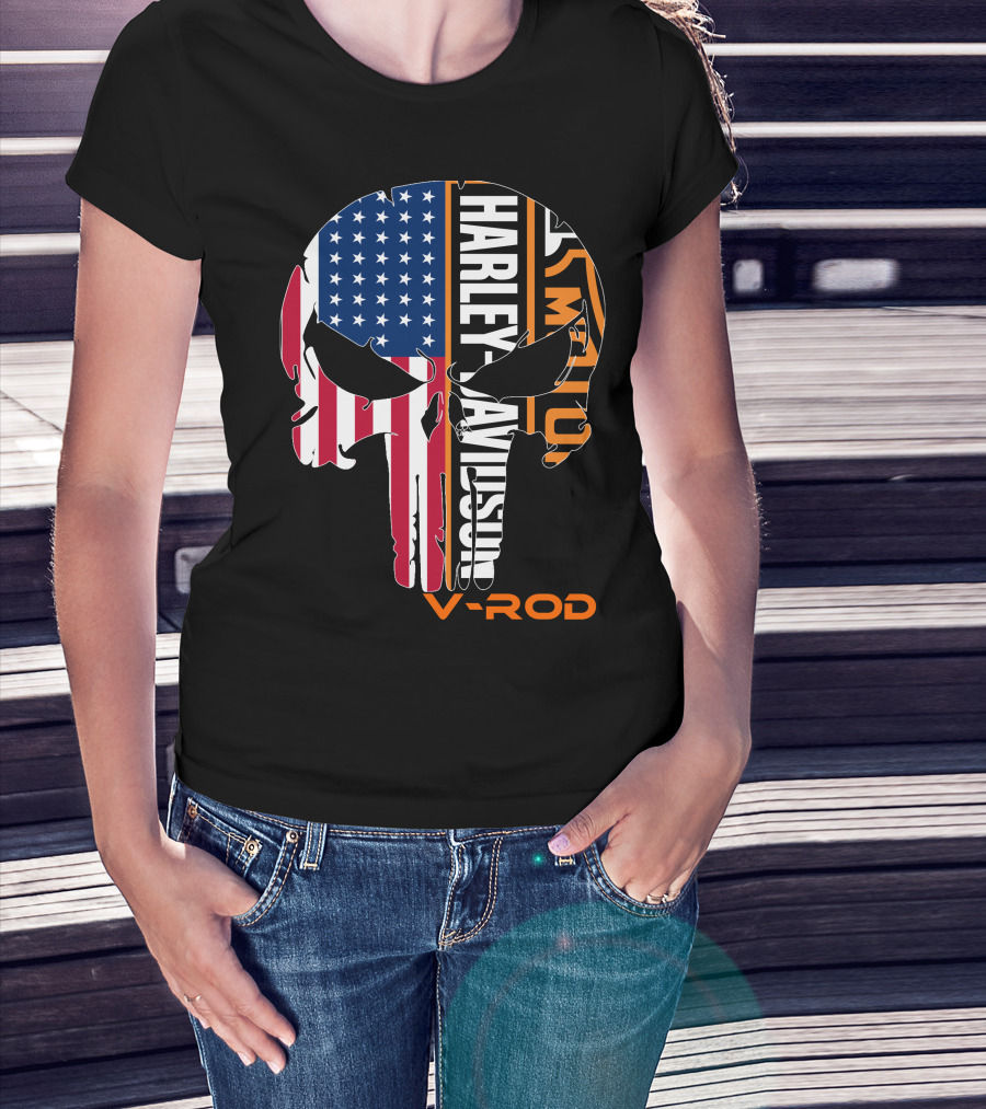 V-Rod Harley Davidson American Flag Skull T-Shirt