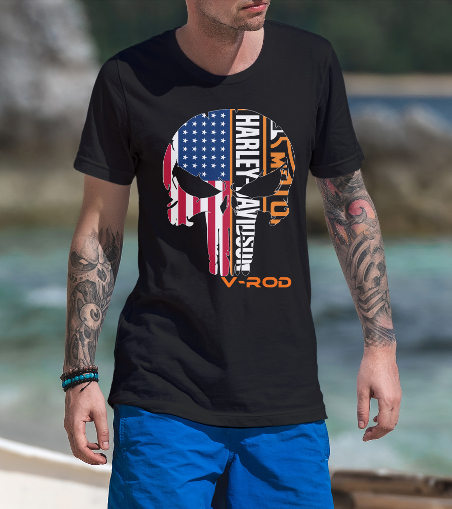 V-Rod Harley Davidson American Flag Skull T-Shirt