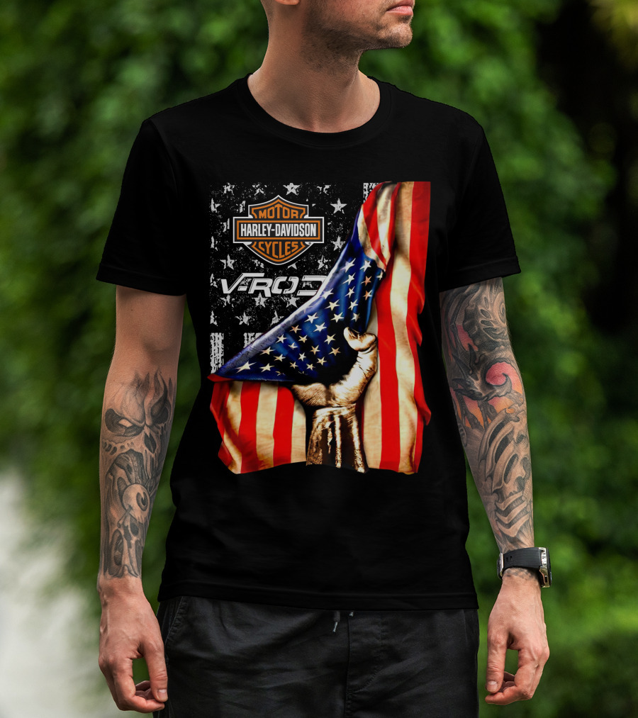 Harley Davidson Motor Cycles Vrod 12 American Flag Fist T-Shirt