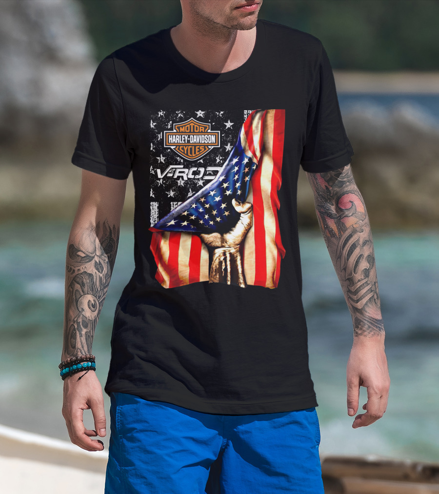 Harley Davidson Motor Cycles Vrod 12 American Flag Fist T-Shirt