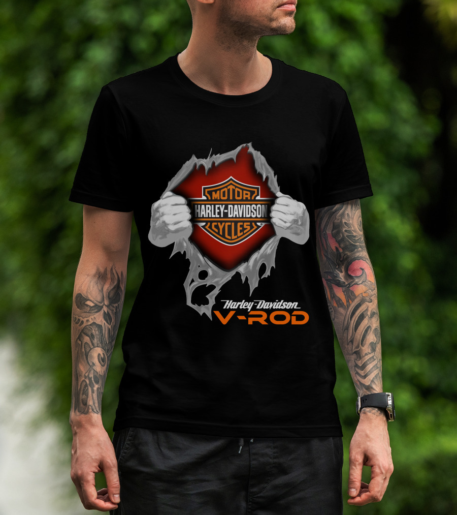 Harley Davidson V-Rod Motor Cycles Logo And Shield With Ripping Hands T-Shirt