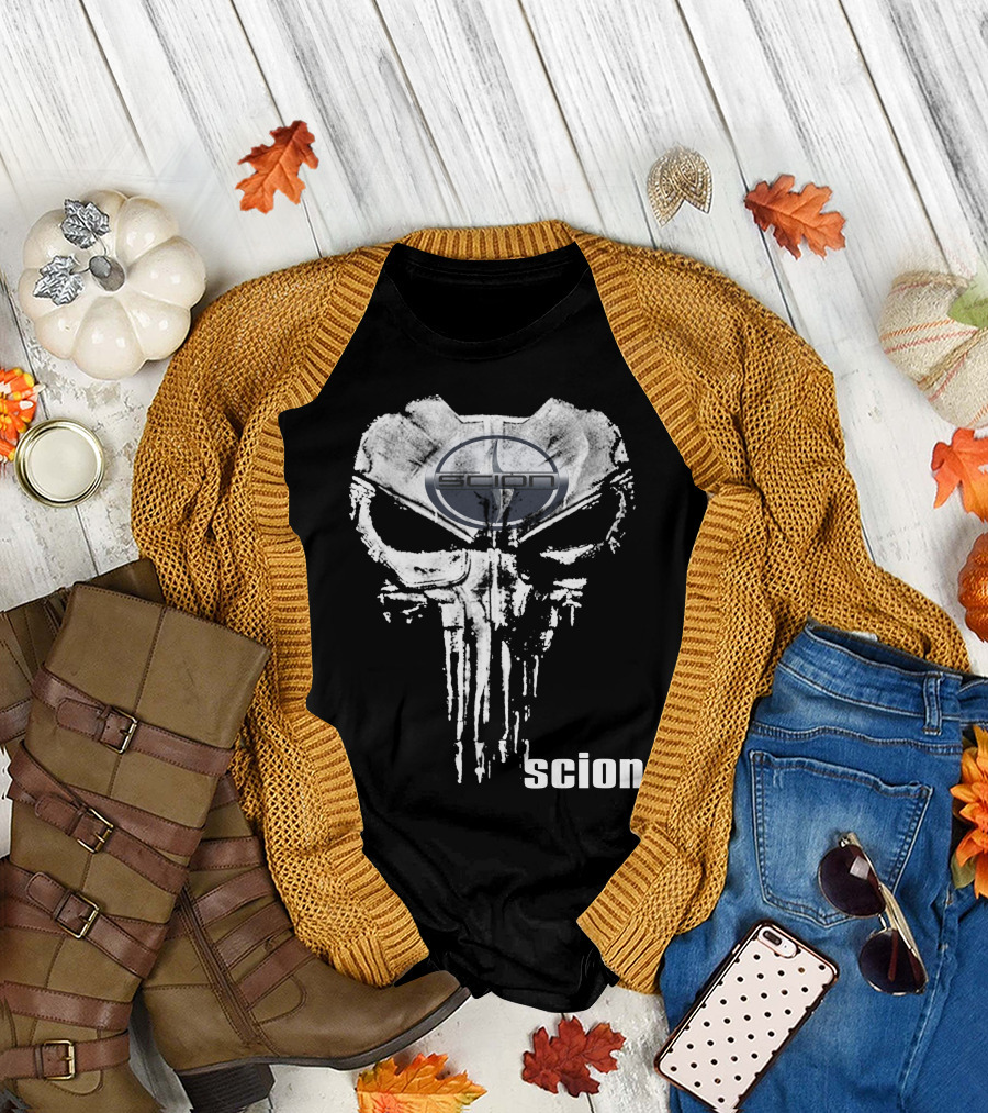 Scion Logo Overlaid On Punisher Skull T-Shirt