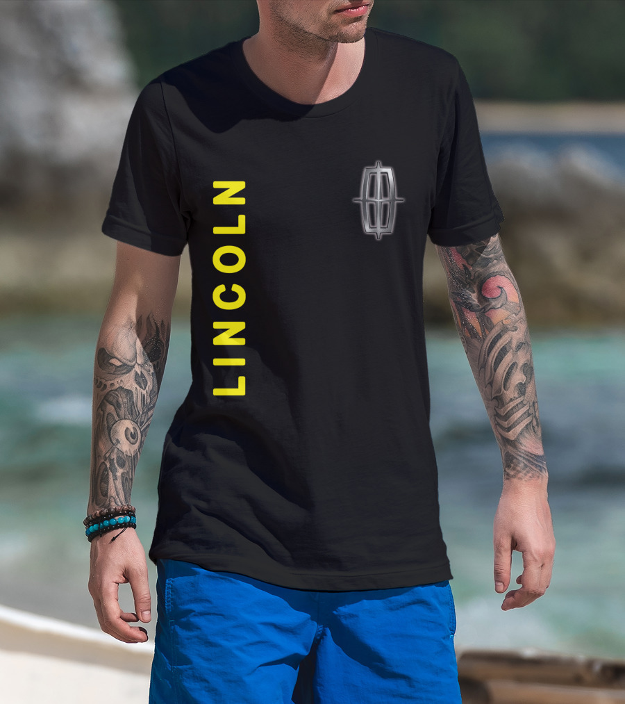 Lincoln Logo Vertical Yellow Text Black T-Shirt